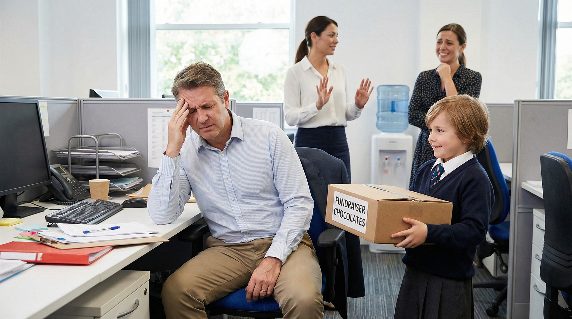 A working parent looks uncomfortable as their child attempts to sell candy bars to co-workers who politely decline.