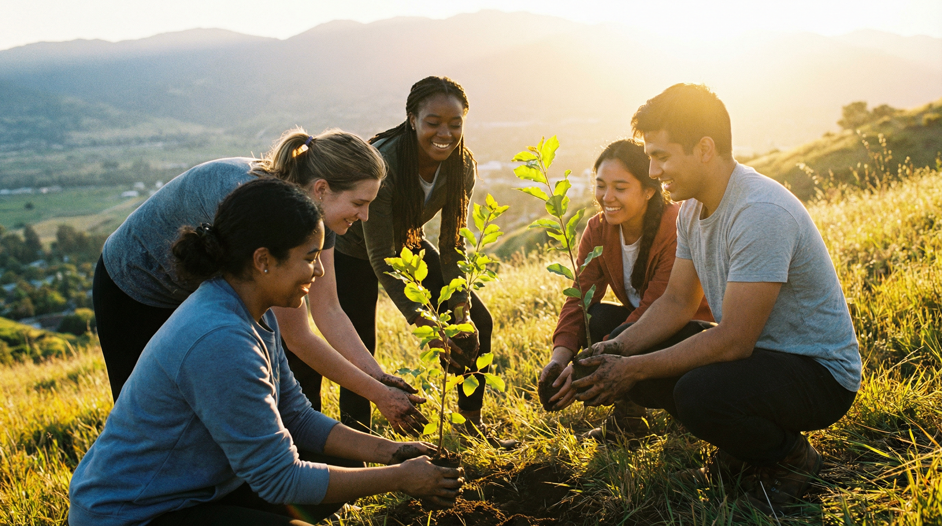 Students plant young saplings together outdoors in warm sunlight, showing teamwork and environmental impact.