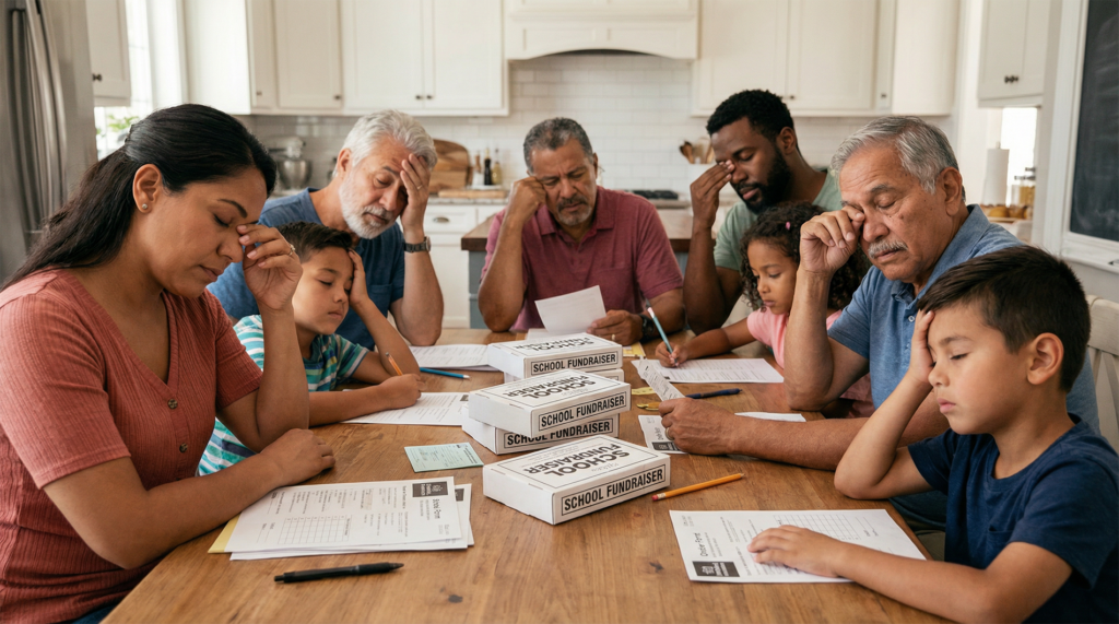 A group of tired parents and children gathered around a kitchen table filled with traditional fundraising packets and candy sales materials.
