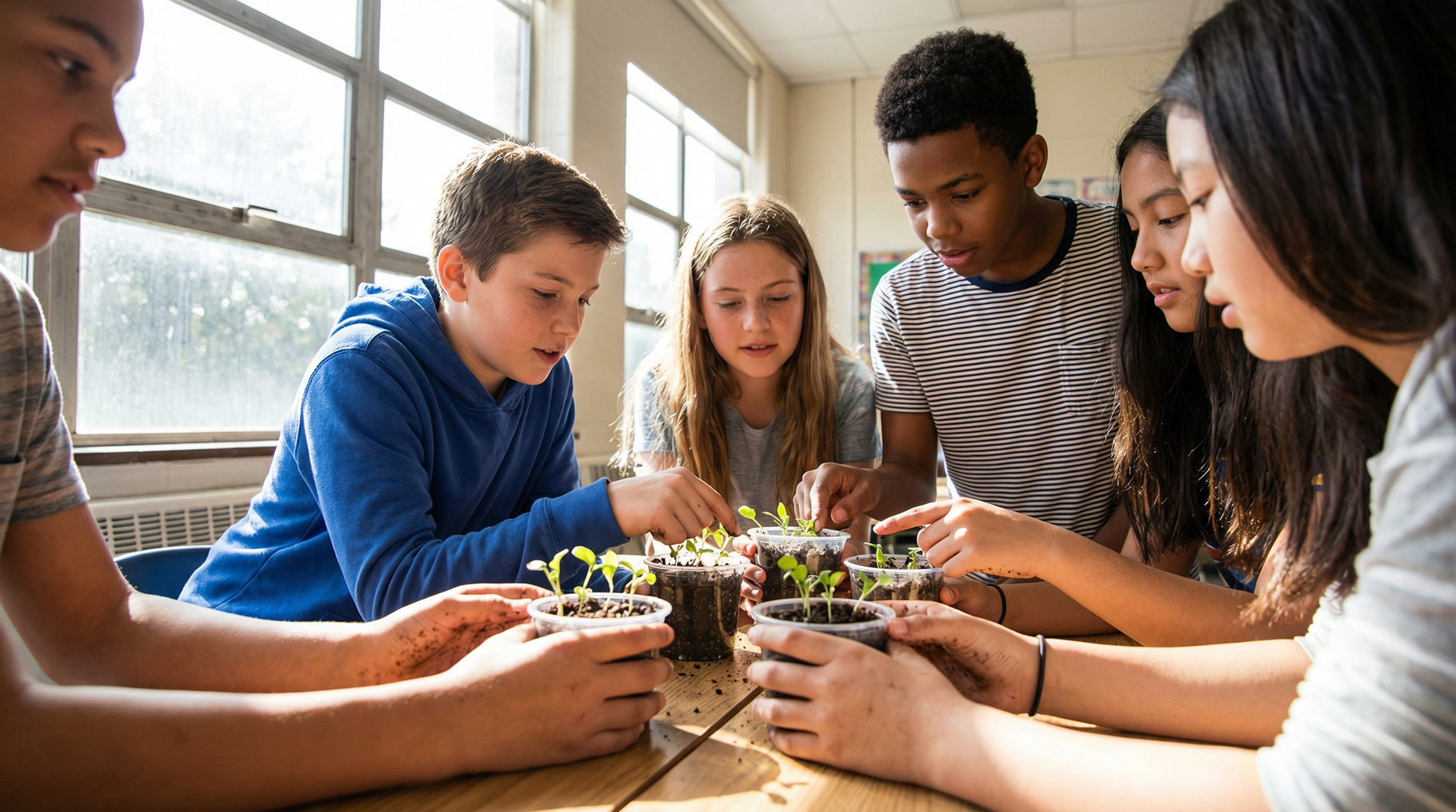 Students doing lab work with seedlings.