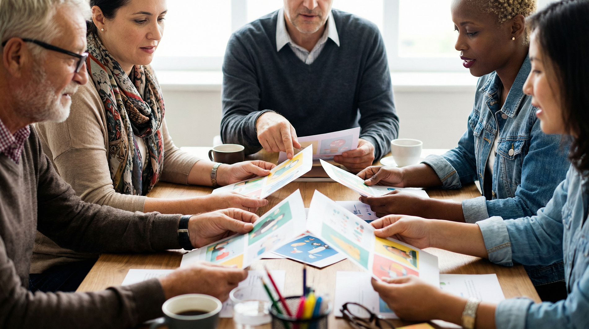 Parents reviewing an eco friendly fundraiser flyer with hopeful and relieved expressions.