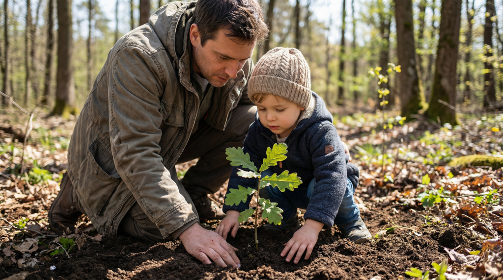 Parent and child examining a small sapling together as part of an eco friendly fundraiser.