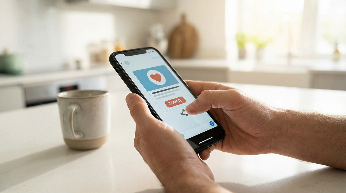 Parent sharing a fundraiser link by text message on a smartphone.