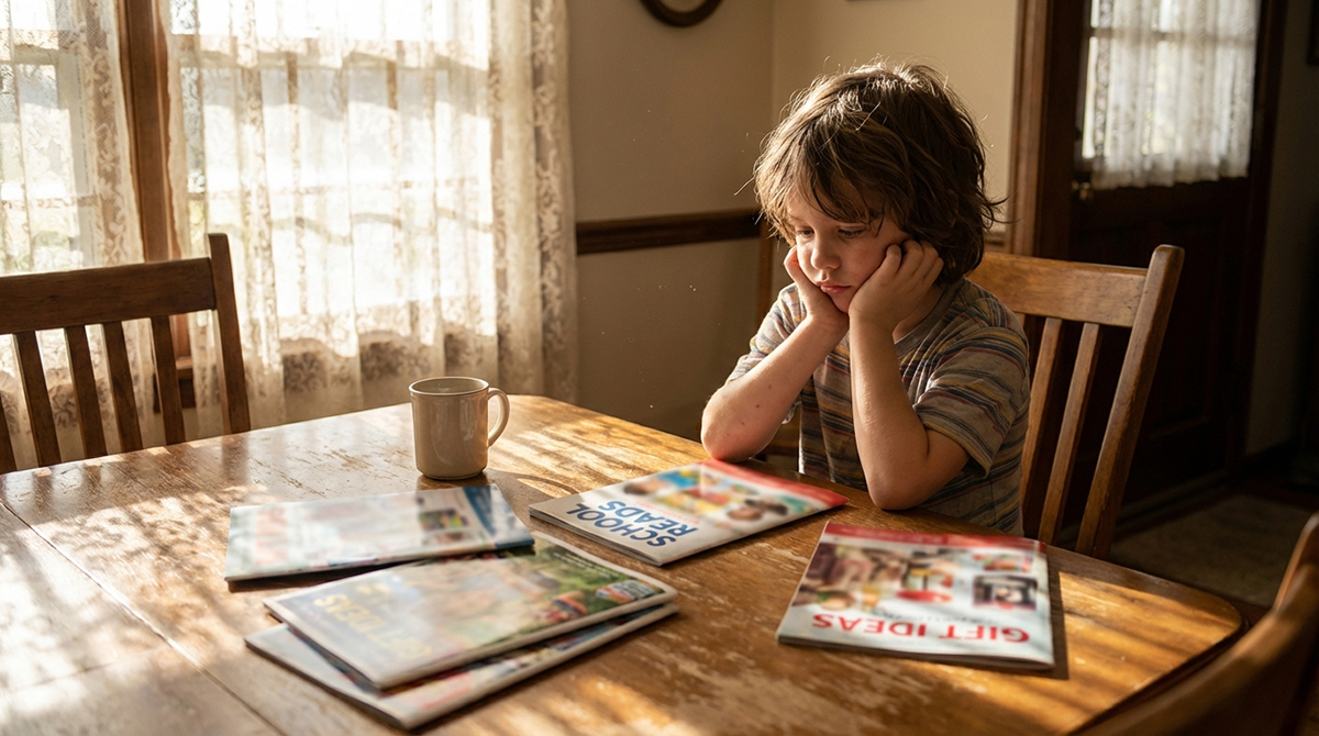 Unopened fundraiser catalogs scattered on a dining table while a child sits nearby looking discouraged.