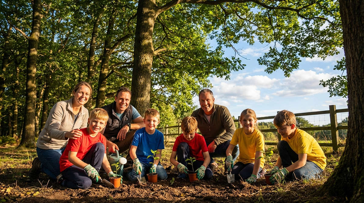 Parents watching students plant young trees outdoors with hopeful expressions.