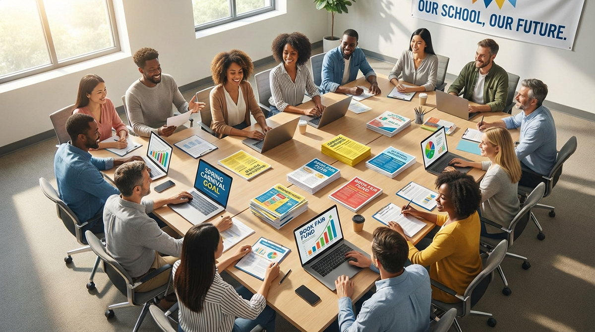 PTA members meeting around a table reviewing fundraising materials and digital devices.