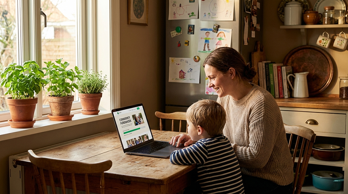 Parent and child viewing a digital TreeRaise fundraising page together on a laptop.