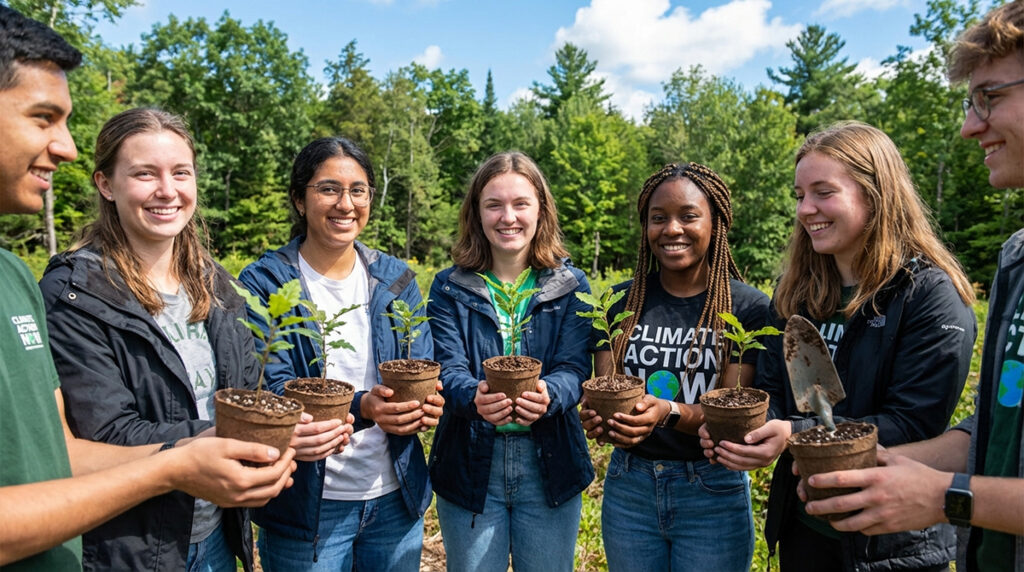 Students holding saplings outdoors as part of a zero calorie TreeRaise fundraiser.