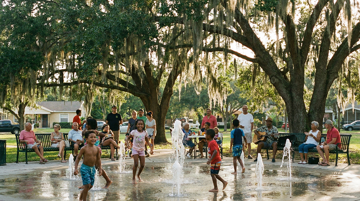 Children playing at a splash pad beneath a network of trees.