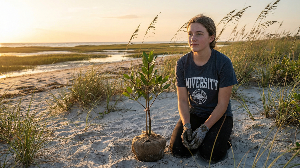A student kneeling on the beach ready to plant a tree.
