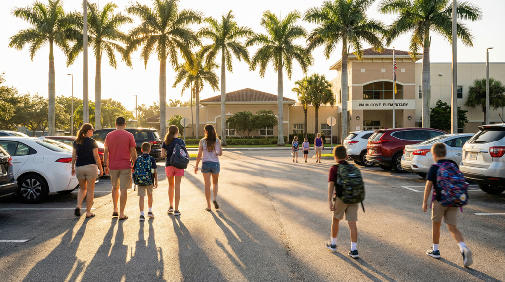Students and parents walking through the parking toward a Florida school.