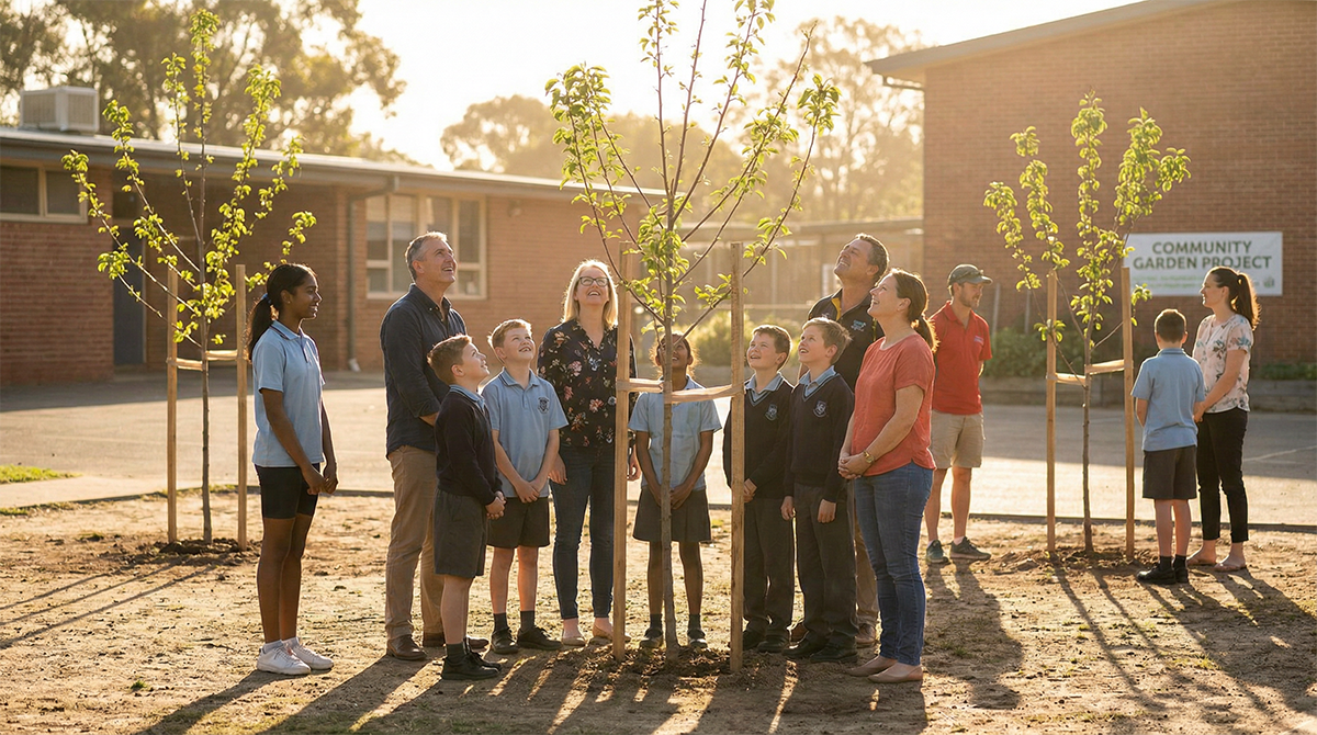 Students and adults gather around a newly planted tree in warm late-afternoon light on a school campus, with young trees and a ‘Community Garden Project’ sign in the background.