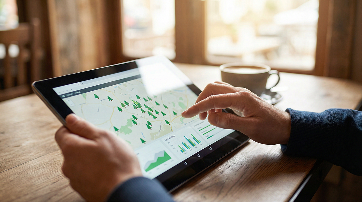A person uses a tablet displaying a map with tree icons and environmental graphs while sitting at a wooden table with a cup of coffee in the background.