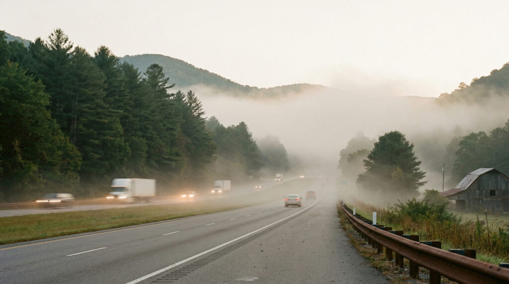 Foggy North Carolina highway at dawn winding through pine covered hills.