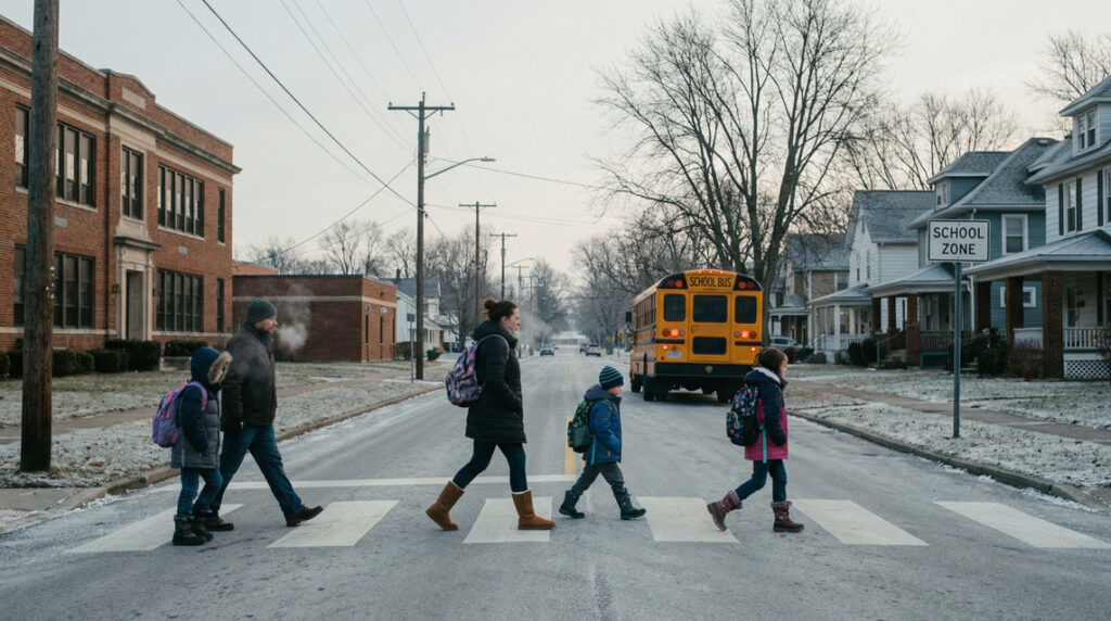 Ohio parents and students crossing a street toward a school on a cold morning with visible breath in the air.