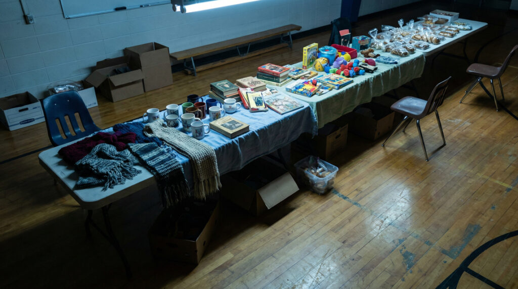 Long tables set up in a dimly lit gymnasium display handmade scarves, mugs, books, toys, and baked goods for a school fundraiser, with cardboard boxes stacked underneath.