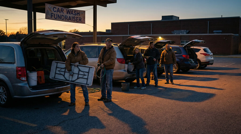 Volunteers unload supplies from a row of open car trunks at sunrise for a school car wash fundraiser, standing under a canopy with a banner overhead.