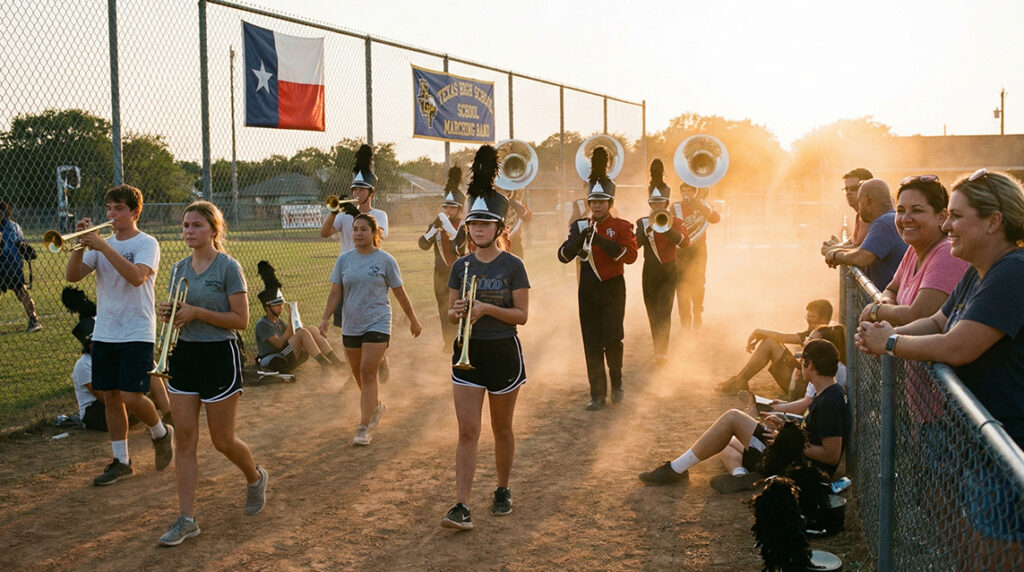 Texas high school marching band practicing at golden hour with parents watching from the sidelines.