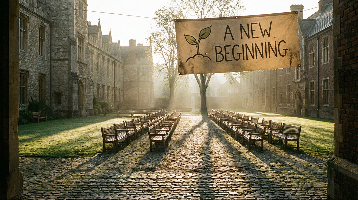 Sunrise over a quiet school courtyard with long shadows and empty benches.