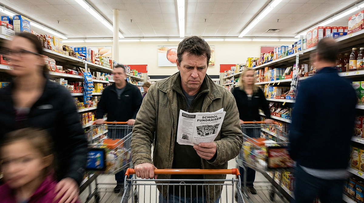Parent in a busy supermarket aisle holding a fundraiser catalog with a conflicted expression.