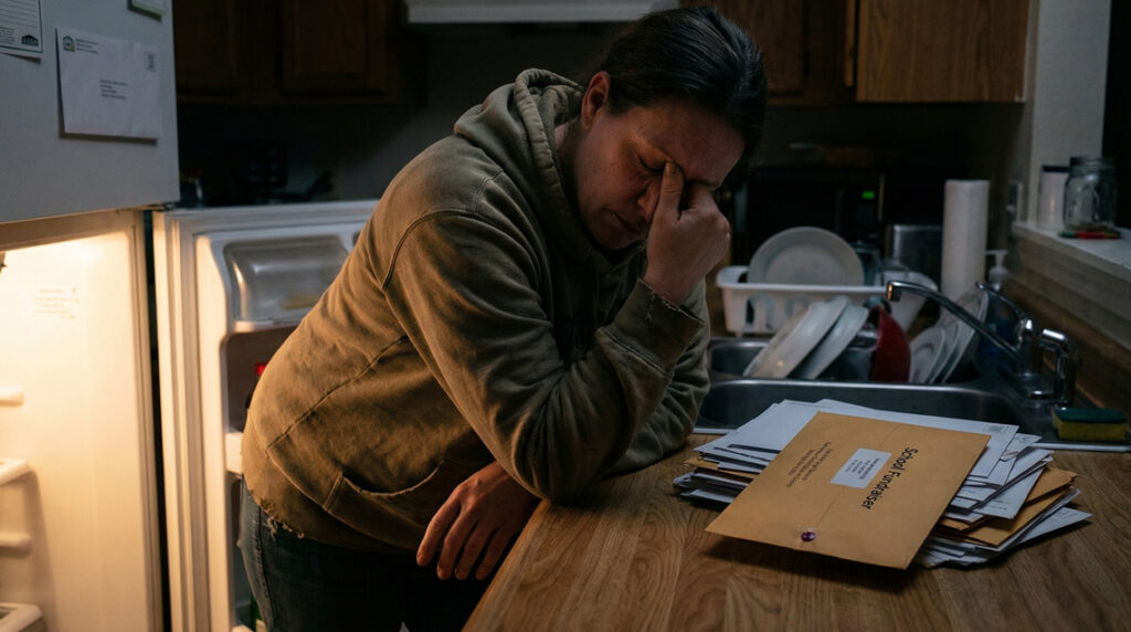Parent in a dim kitchen at night standing near an unopened fundraiser envelope.