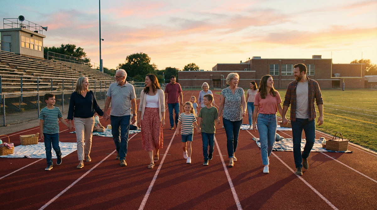 Families walking together on a school track at sunset during a relaxed community event.