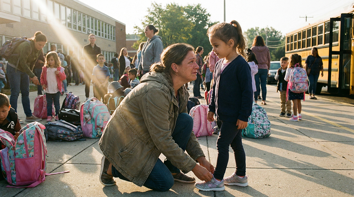 Parent tying a child’s shoe during morning school drop-off with soft sunlight.