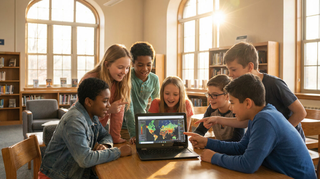 Students in a sunlit media center looking at an impact map on a laptop with proud expressions.