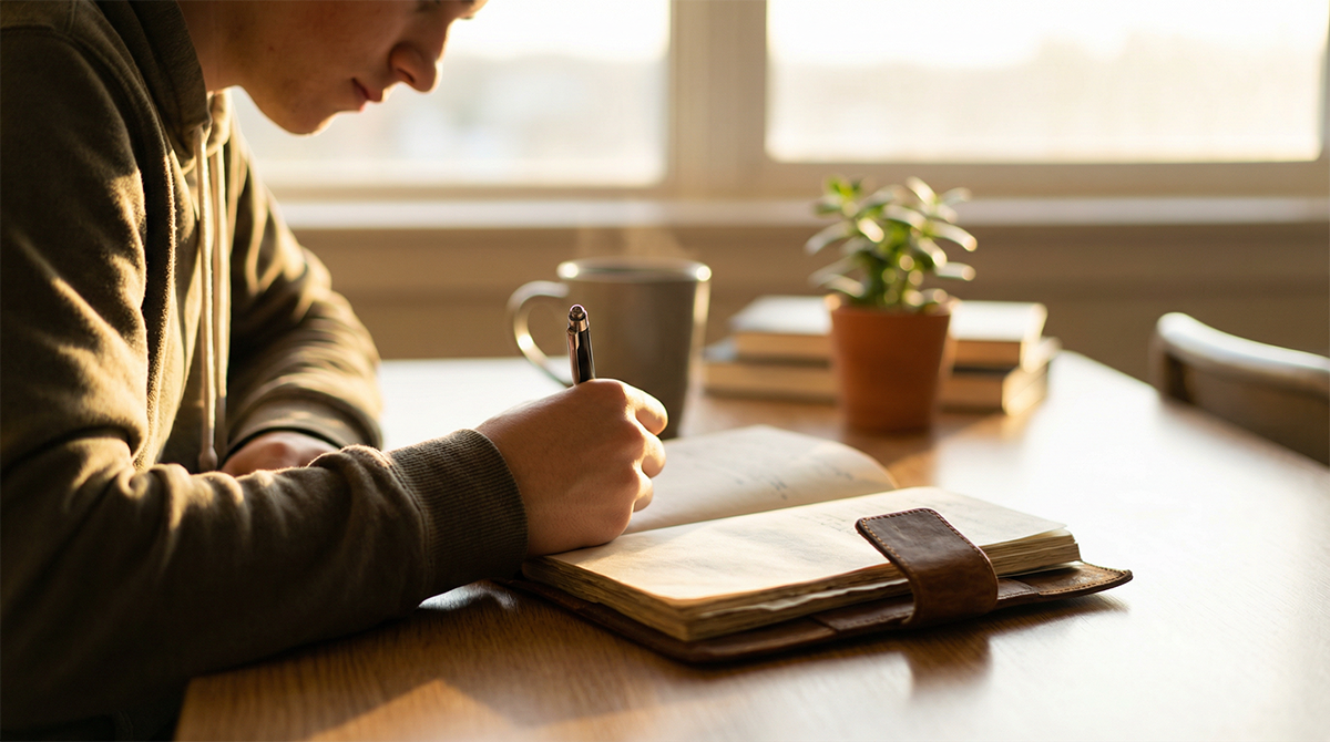 Student writing a personal reflection in a journal during homeroom.