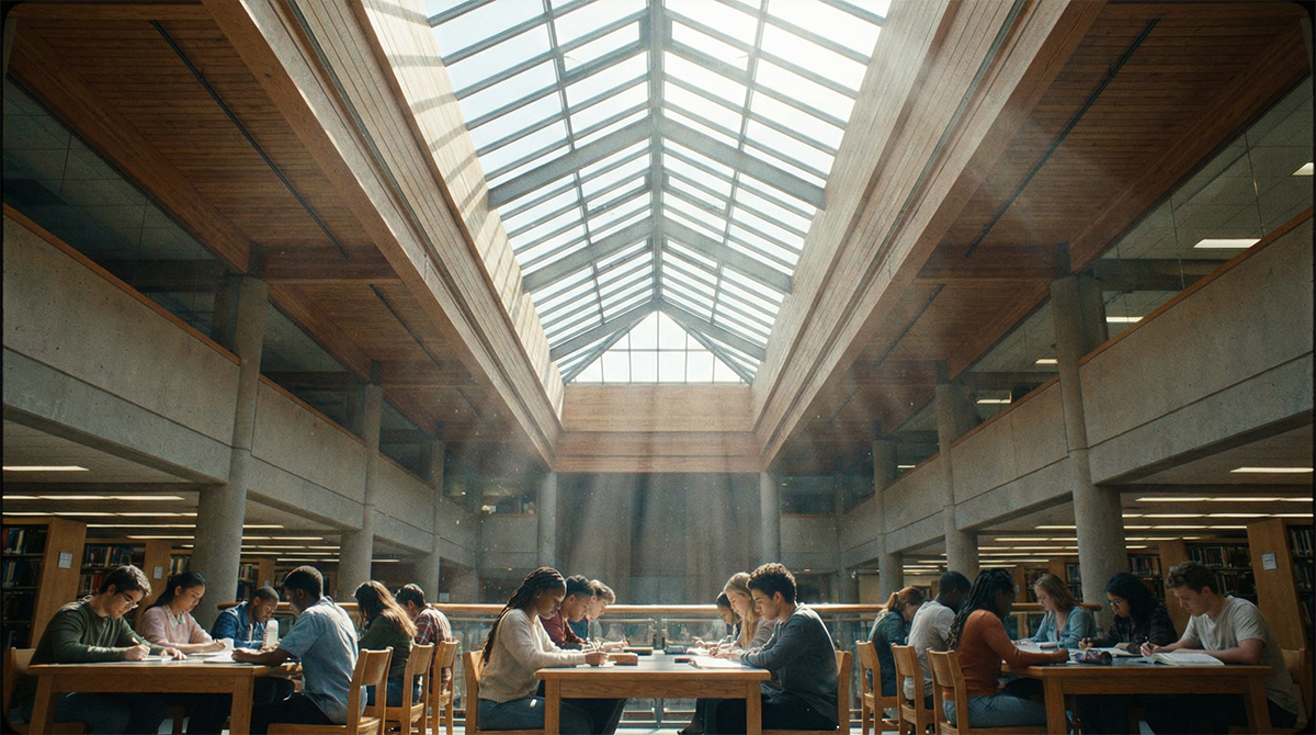 Sunlight streaming through a large school library skylight onto students studying below.