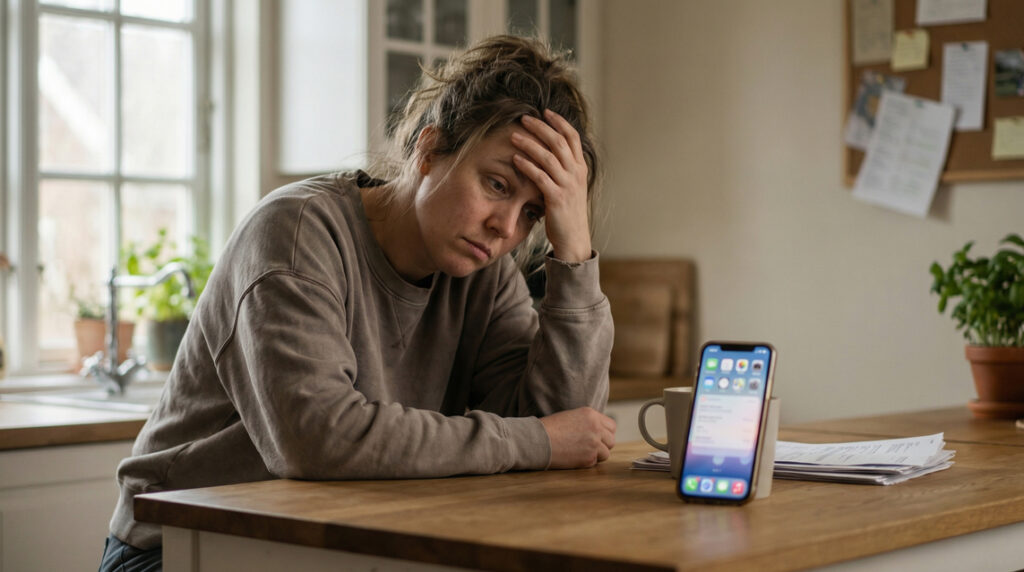 Parent at a kitchen counter overwhelmed by multiple school notifications on their phone.