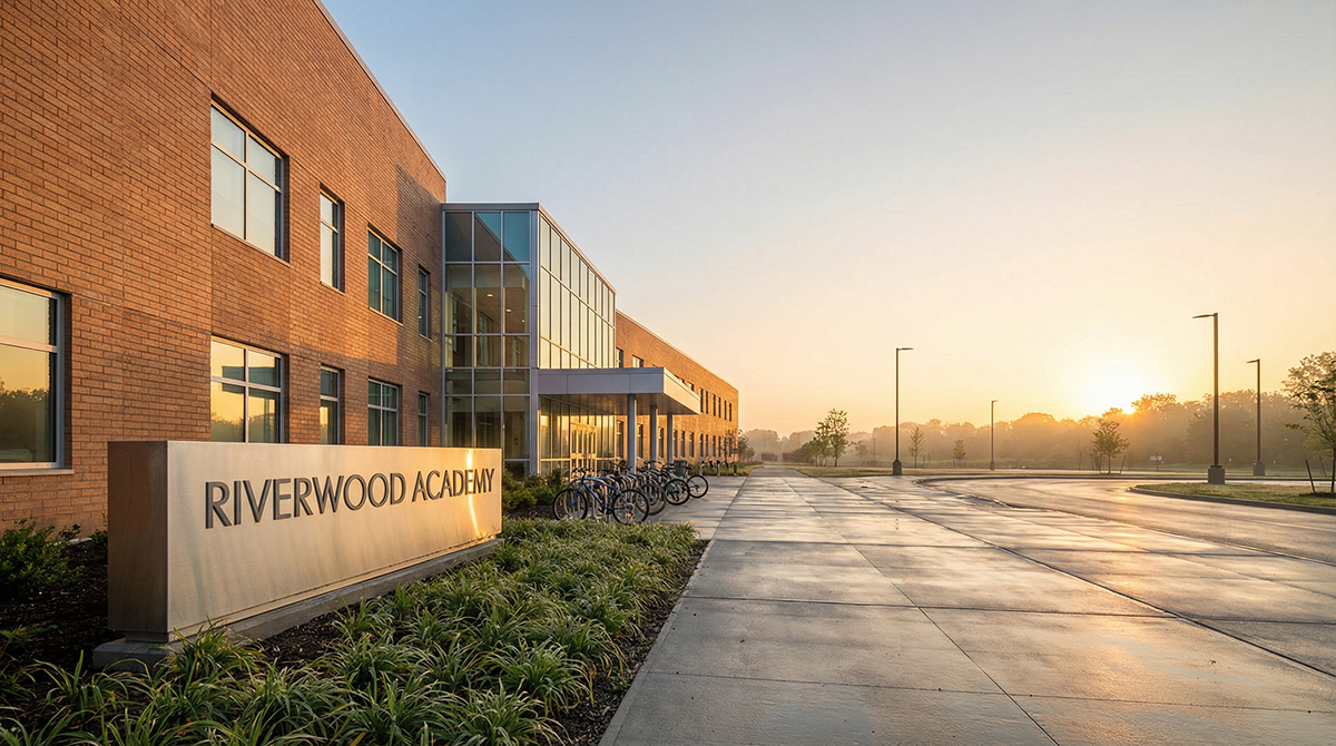 Quiet school entrance at sunrise with soft golden light on the building facade.