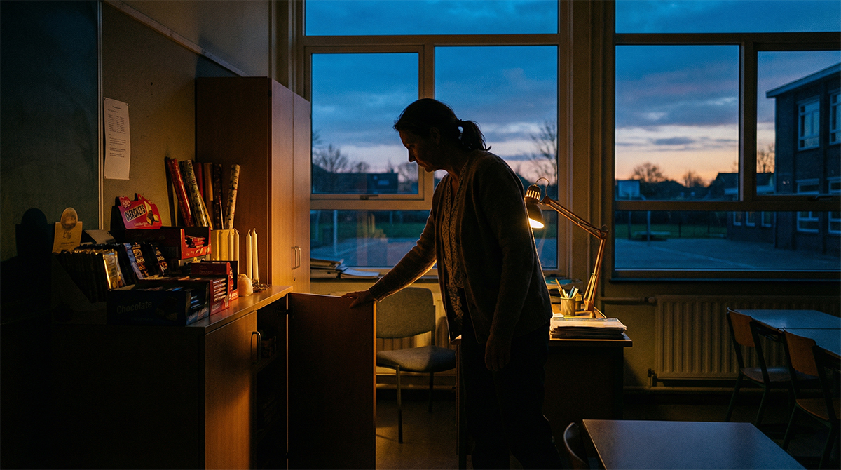 Teacher in a dim classroom closing a cabinet filled with leftover fundraising products.