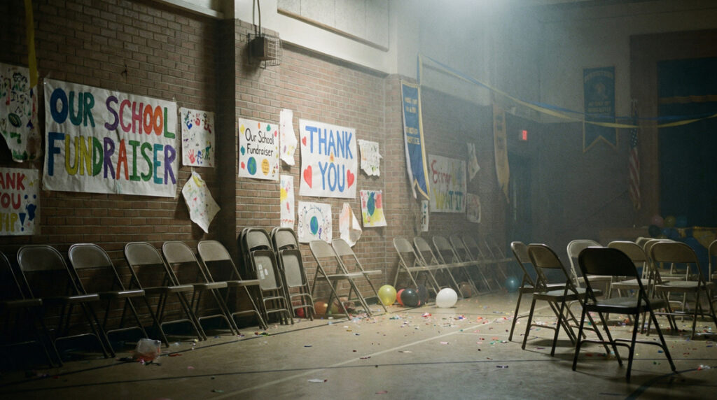 Empty school gym with peeling posters and scattered chairs after a fundraiser event.