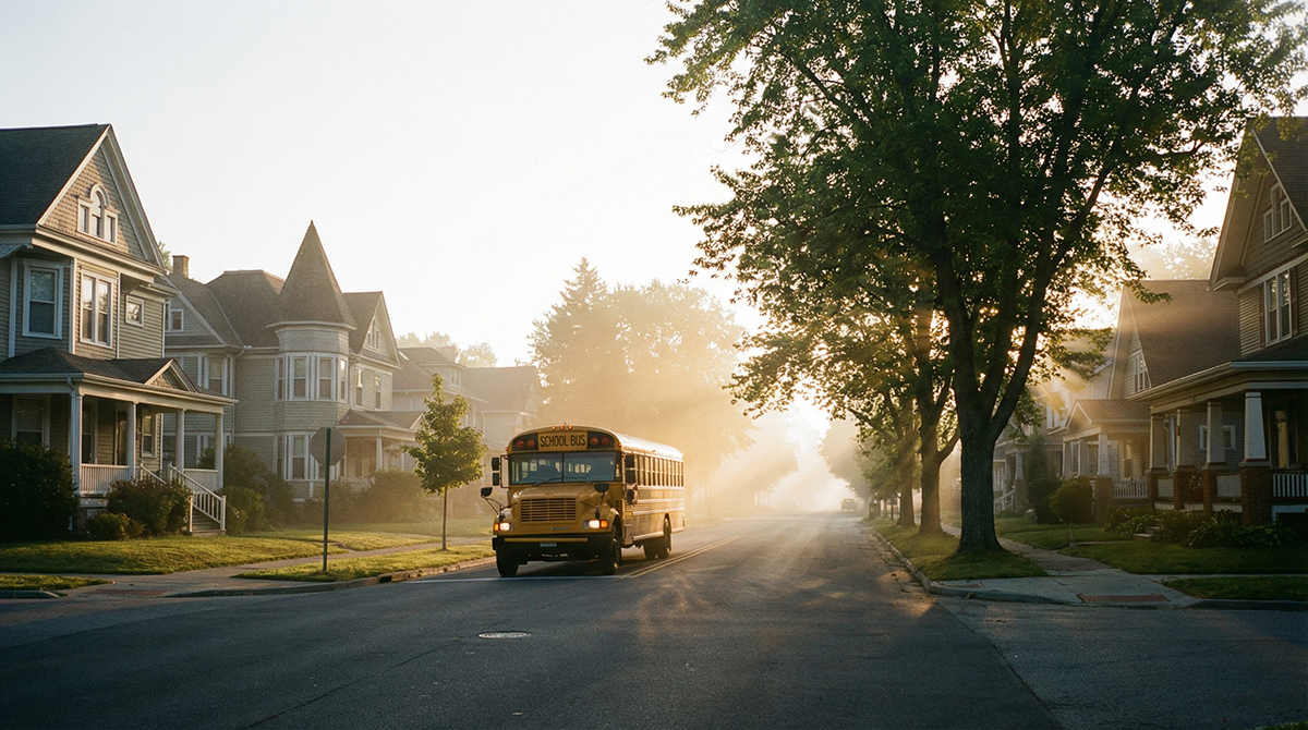  Sunrise over a quiet neighborhood street with a school bus approaching through morning mist.