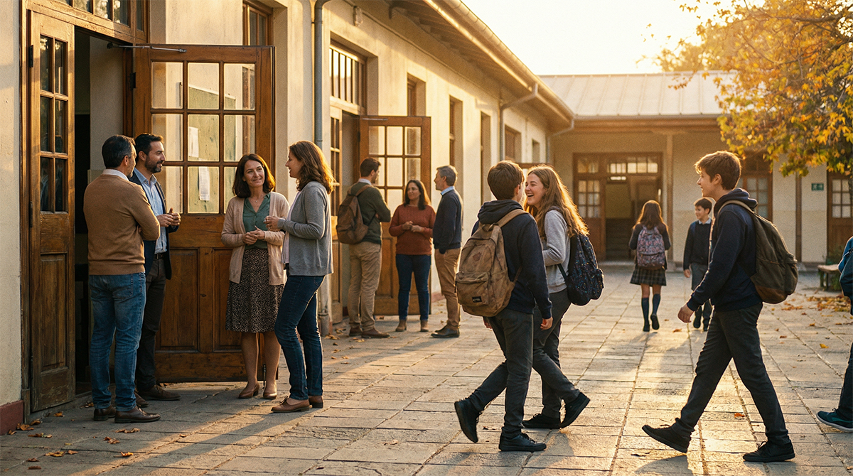 School courtyard at sunset with teachers and students in soft golden light.