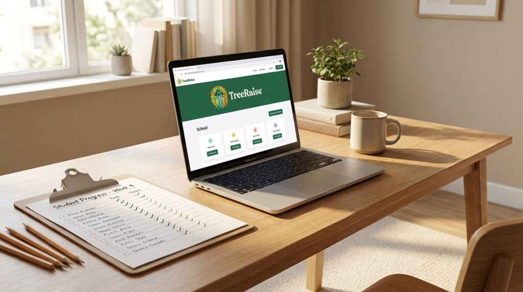 A bright home workspace with a laptop displaying the TreeRaise dashboard on a wooden table beside a clipboard of student progress checklists, pencils, and a coffee mug.