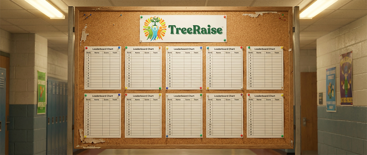 A bulletin board in a school hallway displaying multiple blank leaderboard charts under a TreeRaise sign, ready for students to track fundraising progress.