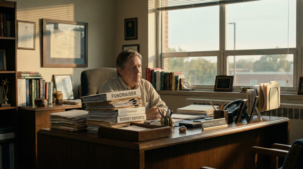 School principal in a quiet office reviewing fundraiser paperwork in late afternoon light.