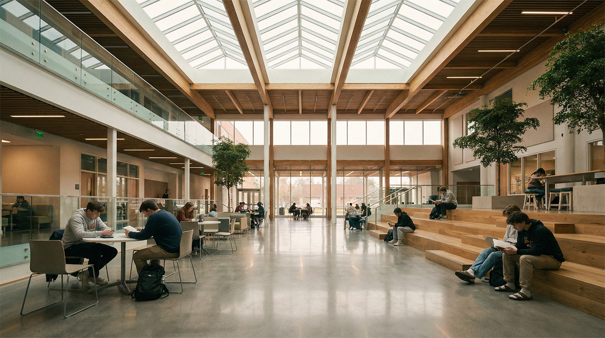 Modern school atrium filled with soft natural light streaming from skylights.
