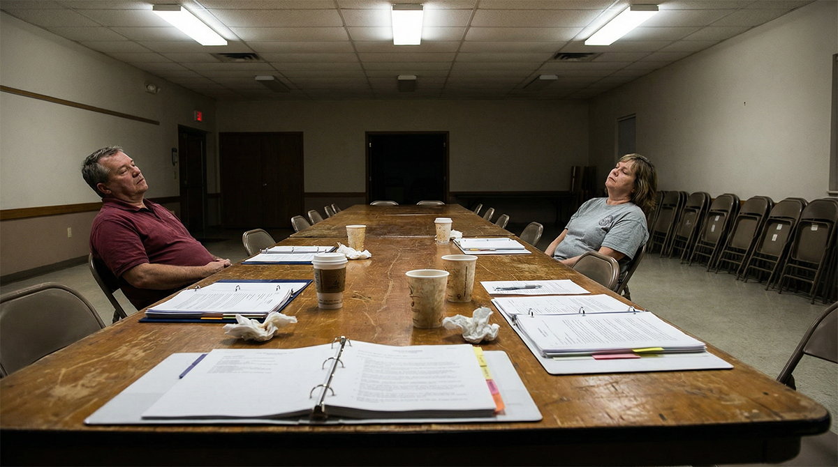 Two tired PTA volunteers sitting at a long meeting table with binders and cold coffee cups.