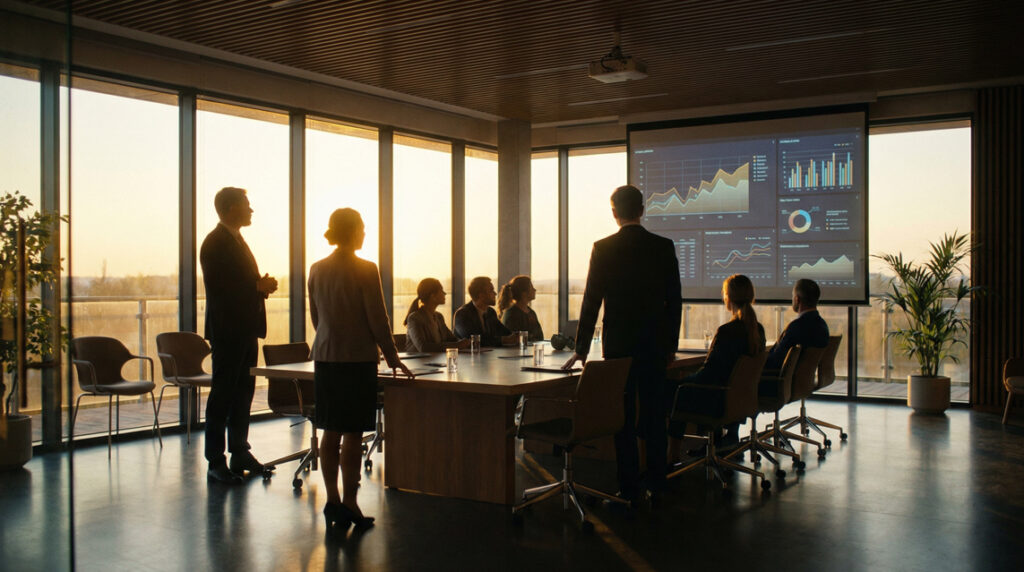 School administrators reviewing fundraising trend charts in a conference room.