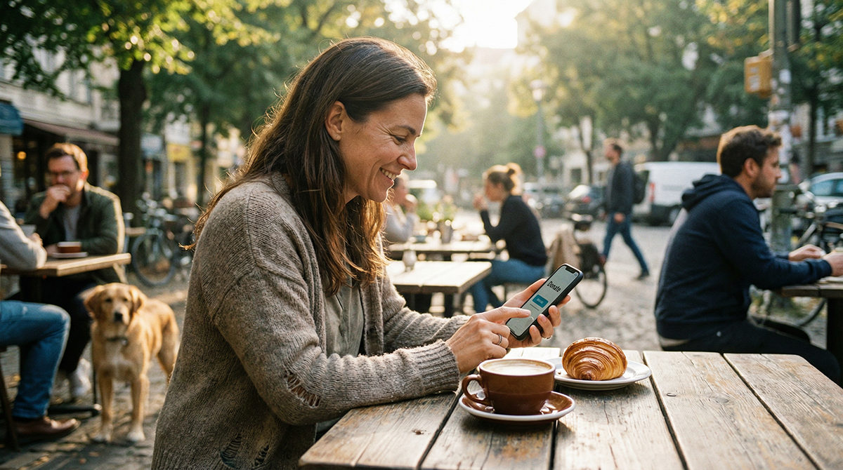 Parent at an outdoor cafe tapping a donation link on their phone in soft morning light.
