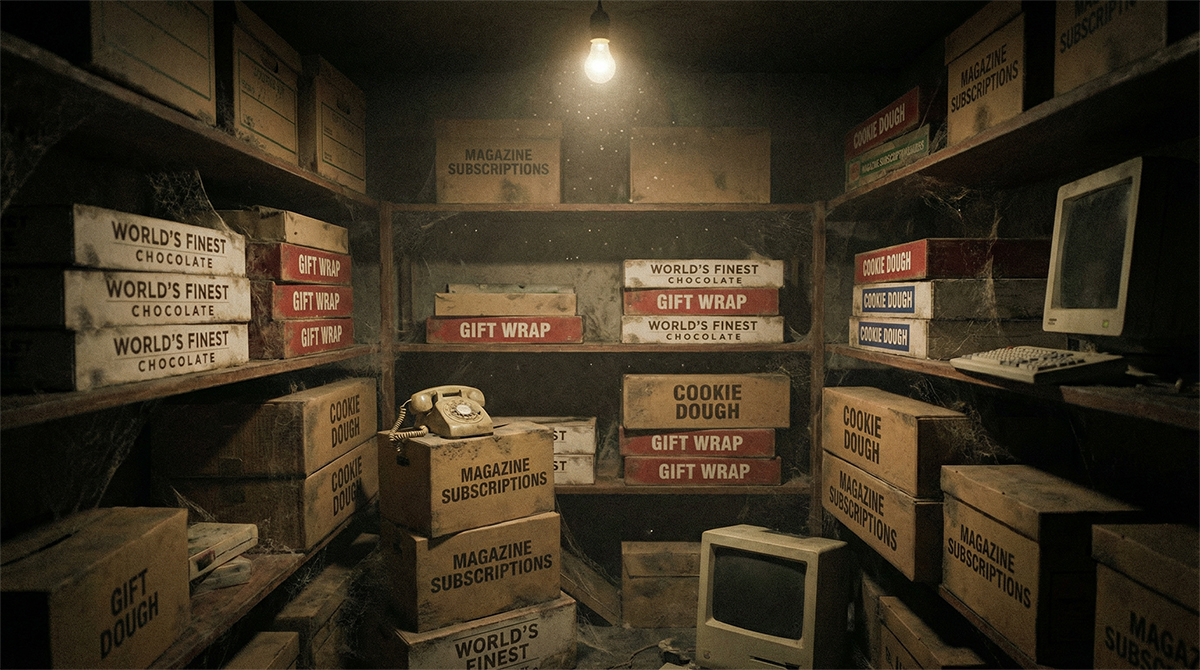 Dusty storage closet filled with old unopened fundraising product boxes.