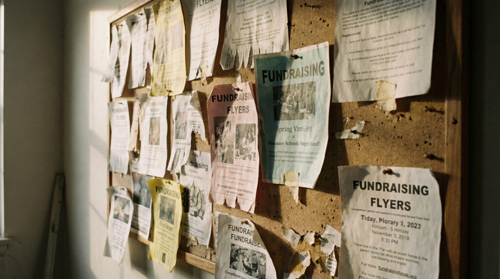 Bulletin board in a school office with outdated fundraising flyers under morning window light.