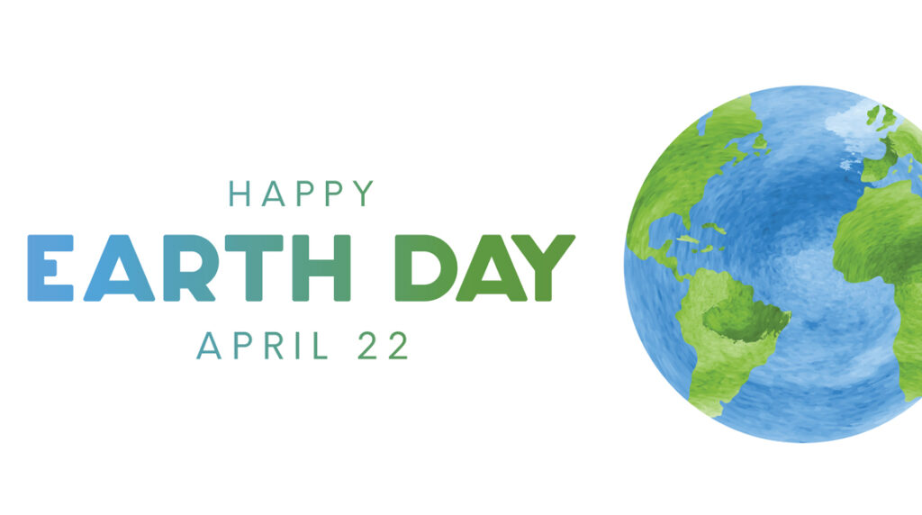 Illustration of planet Earth with the text 'Earth Day' celebrating the annual environmental awareness event held on April 22.